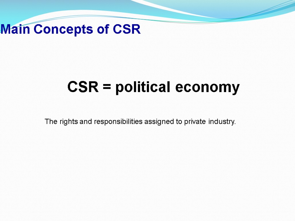 Main Concepts of CSR CSR = political economy The rights and responsibilities assigned to